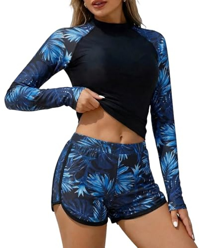 Supcomsta 2 Piece Rash Vest for Women Long Sleeve Swimming Costume with Shorts, UPF 50+ Sun Protection Swimsuits for Women, Quick Dry Swim Wear for Women UK (UK, Alpha, L, Regular, Regular, Blue)