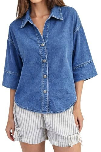 Denim Shirt Women Oversized Button Down Jean Blouse 3/4 Sleeve Casual Blue Loose Fit Lightweight Chambray Short Sleeve Top V Neck Shacket
