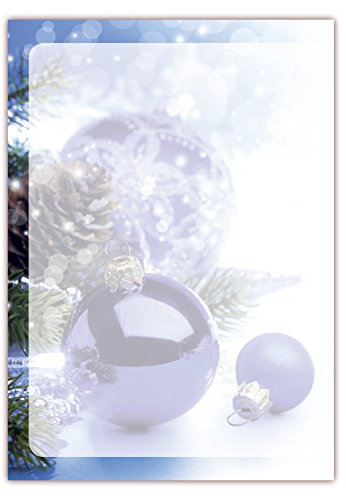 Motivpapier Briefpapier (Weihnachten-5178, DIN A4, 25 Blatt) - Weihnachtspapier blaue Weihnachtskugeln auf Schnee im Tannengrün mit Zapfen