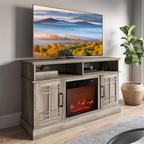 BELLEZE Soporte de TV de 121,9 cm (48 pulgadas) con radiador eléctrico para estufa, soporte de TV moderno para televisores de hasta 127 cm (50 pulgadas), soporte de entretenimiento multimedia incluye