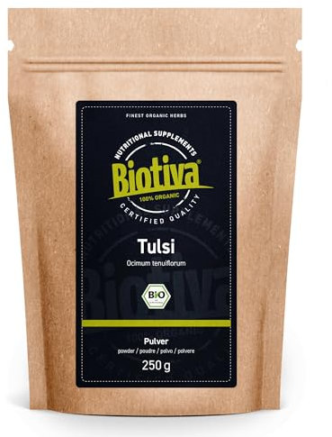 Tulsi Powder Organic 250g - Basilic indien - Ocimum Tenuiflorum - Basilic royal - Végétalien - Mis en bouteille et contrôlé en Allemagne (DE-ÖKO-005)