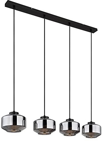 Hängeleuchte Pendellampe Wohnzimmer Pendelleuchte Esstischleuchte rauch Glasschirm, Metall schwarz, Fassungen 4x E27, LxBxH 96x18x120cm