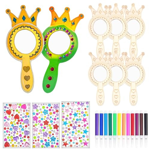 SPERMUOY Holzspiegel zum bemalen,8 Stücke Prinzessin Spiegel Basteln Kinderspiegel Zum Bemalen Bastelset,Kinder Malen Holzspiegel Basteln für DIY Kinder Malen Dekoration
