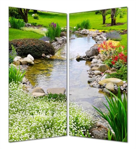 Wallario Selbstklebende Duschrückwand 180 x 200 cm, 2-teilig mit Motiv Blumen am Teich - Wandverkleidung Fließenersatz mit Hochglanzlaminat in Glasoptik