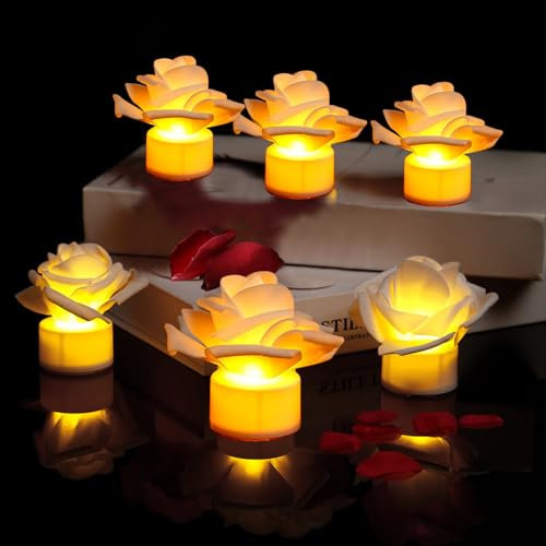 Lot de 6 Bougies LED Rose Fleurs Sans Flamme, Bougie Led Flamme Vacillante, Alimenté par batterie, Bougie Decorative, Bougie Electrique, pour la Décoration de Fête de Mariage (Blanc)