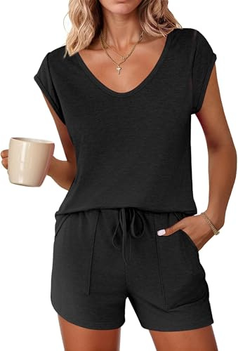 Ekouaer Schlafanzug Damen Kurz Pyjama Baumwolle Ärmellos Pyjamas Set Nachtwäsche Zweiteiliger mit Shorty Pyjamahose und V Aussschnitt Shirt Elastischer Bund Taschen Sleepwear für Sommer Schwarz M