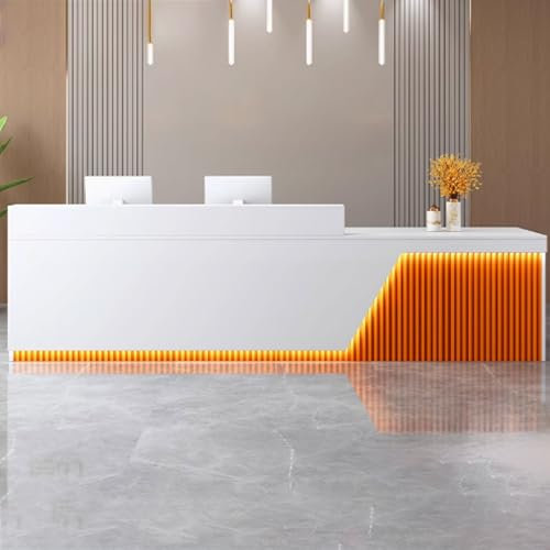 GUQASDV Reception Desk Modern, Empfangstheke Rezeption, Empfangstresen für Praxis, Reception Table mit LED-Lichtleisten für Supermärkte, Bekleidungsgeschäfte, Restaurants(White+orange,140cm)