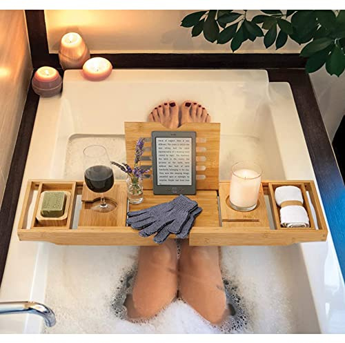 Etagère à Baignoire de Salle de Bain avec Plateau de Rangement et Porte-Savon, Plateau de Bain en Bambou, Pont de Baignoire Extensible, Baignoire et Plateau de Lit, 75-109cm*23 * 4.5cm