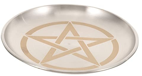 BESTYASH Plateau Porte-Bougie Rituel Pentagramme Rond 20 Cm Métal Argenté Polyvalent pour Cérémonies Décorations Maison et Rangement Bijoux