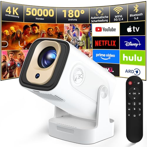 Beamer Full HD 1080P Mini Beamer 4K, Auto Trapezkorrektur, Mini Projector 180°Dreh Videoprojektor Unterstützt 2.4/5G Dual WiFi6, Bluetooth5.0 mit Android11/OS11,Outdoor Heimkino