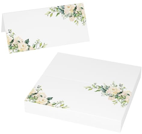 Lot de 50 marque-places de mariage avec roses blanches, vierges pliables pour table, mariage, baptême, communion, anniversaire