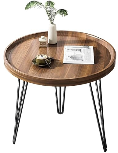 lcvtos Moderner Runder Beistelltisch, Holz Couchtisch mit Metallgestell, Kleiner Wohnzimmertisch im Schlichten Design, Stabiler Sofatisch für Schlafzimmer Balkon Büro (Dunkler Walnussbaum)
