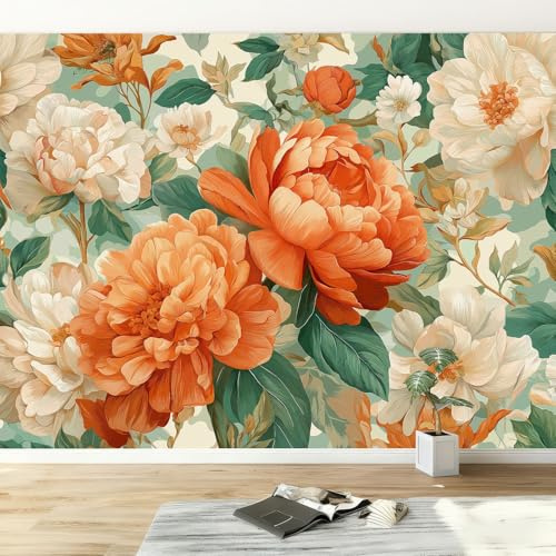 Carta da parati fotografica con stampa di piante ad acquerello, fiori, peonie, carta da parati fotografica, decorazione murale vintage in tessuto non tessuto, poster moderno 350 x 256 cm (larghezza x