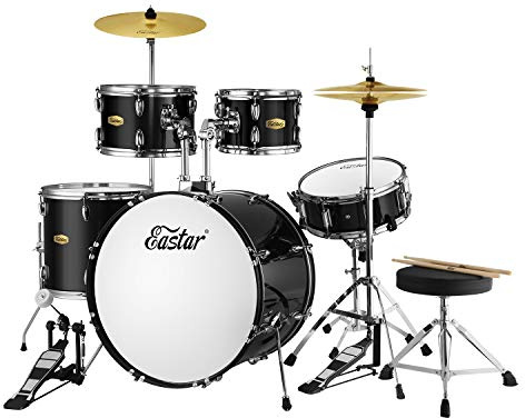 Drum Set Eastar 22 inch for Adults, 5 Piece Full Size Drum Kit Junior Beginner with Pedal Cymbals Stands Stool and Sticks, Mirror Black