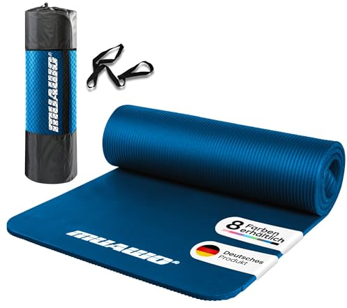 Muawo Premium Gymnastikmatte inkl. Tasche + Tragegurt | Phthalatfreie Trainingsmatte | Yogamatte - rutschfest, extra dick & lang | 190 cm x 100 cm x 1,5 cm | Fitnessmatte Dunkelblau