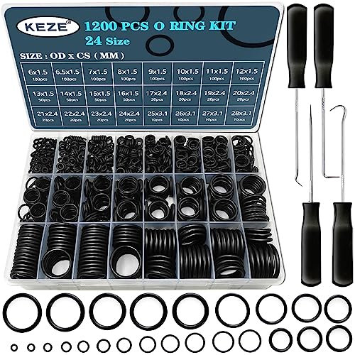KEZE Universal-O-Ring-Sortiment, 1200 Stück, 24 Größen, mit 4 Präzisionshaken, für Fahrzeugarmatur, Sanitär, Hochdruckreiniger, Luft- und Gasdichtungsreparatur, Außendurchmesser 6 mm-28 mm