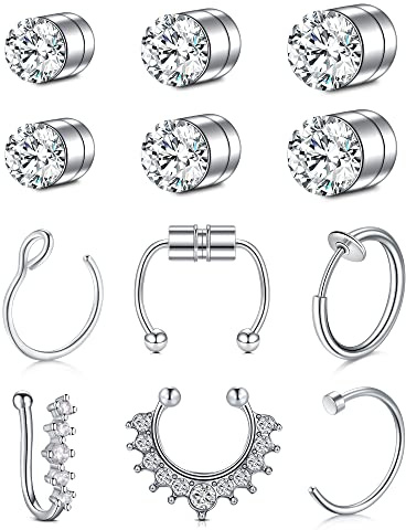 Mayhoop 4-15Stück Fake Piercings Fake Nasenpiercing Ear Cuffs Fake Septum Ring Hoop Silber Rosegold Fake Helix Lippen Piercing Ohrmanschette Ohrclips Non Piercing Schmuck