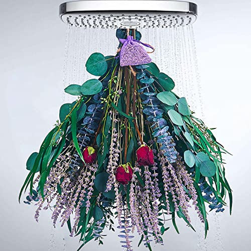 Lot de 123 tiges d'eucalyptus séchées – Bouquet de fleurs de lavande et de rose rouge pour douche, feuilles d'eucalyptus véritables 100 % naturelles, décoration de plantes de verdure à suspendre pour