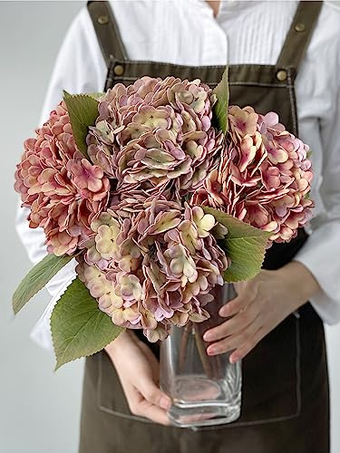 JINWOE 4 hortensias Artificiales Vintage de Tacto Real, Ramo de Boda Bohemio de 21 Pulgadas, Flores de hortensias Artificiales para decoración de Interiores, Flores Artificiales de hortensias para