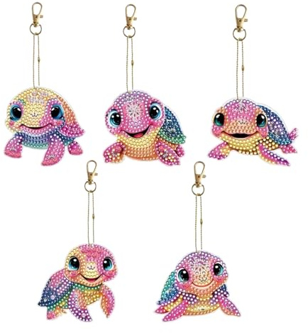 5 Stück Schildkröte Diamond Painting Anhänger Set, DIY Diamond Painting Schlüsselanhänger in 5 Mustern, Doppelseitig Malerei Schlüsselbund Anhänger für Dekoration, Geschenk, Tasche, Kinder