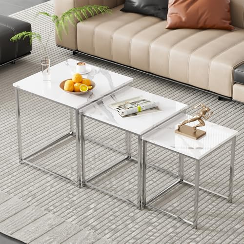 Rainbow Tree Set of 3 Nesting Coffee Tables for Living Room, White Marble Nest of 3 Nested Tables Sofa Side Table Coffee Table End Tables Space Saving