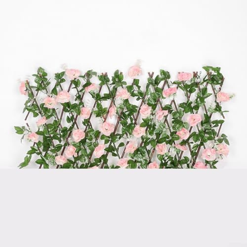 Clôture extensible - Treillage extensible - Fleurs artificielles - Clôture télescopique en bois - Décoration pour jardin, terrasse, jardin, balcon (rose clair)