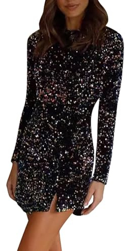 Abito con paillettes da donna, a maniche lunghe, con paillettes, in argento, stretto e corto, con paillettes, abito da festa, Capodanno, abito da cocktail, abito da sera con schiena scoperta, slim fit