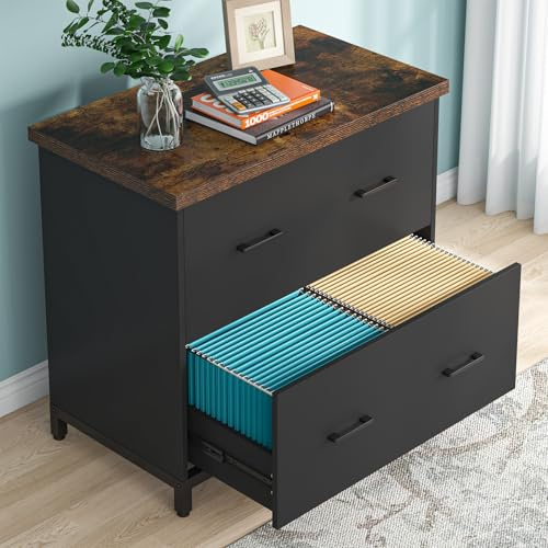 Tribesigns 2-Drawer File Cabinets, Wood Lateral Filing Cabinet for Home Office, Small File Cabinet for A4, Letter-Size Files, Brown and Black | A4, Letter Size, Engineered Wood, Two Drawer File Cabinet for Home Office, Brown and Black