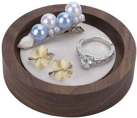 FINGERINSPIRE Plateau à Bijoux en Bois de Noyer Plateau de Présentation en Velours Plateau de Présentation de Bijoux Rond Blanc Petit Plat à Bibelots Avec Surface en Velours Plateau de Présentation