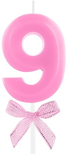 9th Birthday Candle Pink Bow Number 9 Candles Cake Topper Decorations Happy Birthday for Child Boy Girls Anniversary Celebrations Party Supplies