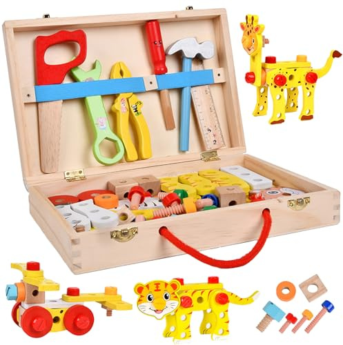 YOUYIKE Montessori Giocattoli, 58 Pezzi, Animale, Legno Montessori, Giocattoli 2,3,4,5,6 anni, Cassetta degli attrezzi per bambini, 31 x 22 cm, con maniglia per il trasporto per ragazzi e ragazze