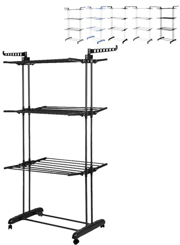 XUANYU 4 Niveaux Étendoir à Vêtement, Étendoir à Linge Pliable avec Ailes Pivotantes, 6 Étagères Pliables et 4 roulettes, Séchoir à Linge sur Pieds 75 x 64 x 170 cm (Noir)