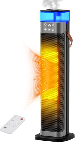 Chauffage d'appoint, PTC 2000W Chauffage Electrique avec Fonction D'humidification, Télécommande, 3 Éclairage ambiant, Oscillation 75°, Minuterie 12H, 3 Modes dont Éco,Sécurité Anti-chute & Surchauffe