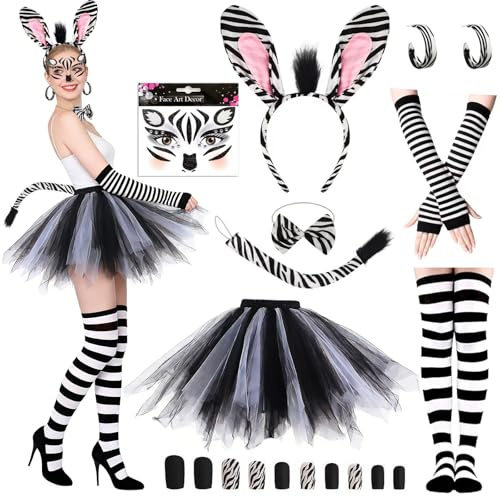 Zebra Kostüm Damen Set, 9 Stück Karneval Kostüm Erwachsene mit Zebra Ohren Haarreif, Tüllrock, Handschuhe, Socken, Schwanz,Ohrringe,Gesichtstattoo für Tierkostüm Cosplay Karnevalsparty Kostümzubehör