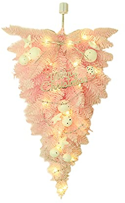 Fictory Árbol de Navidad rosa al revés con luces LED blancas cálidas, decoración navideña para colgar en la pared, decoración navideña para interiores y exteriores, decoración de PVC para fiestas en