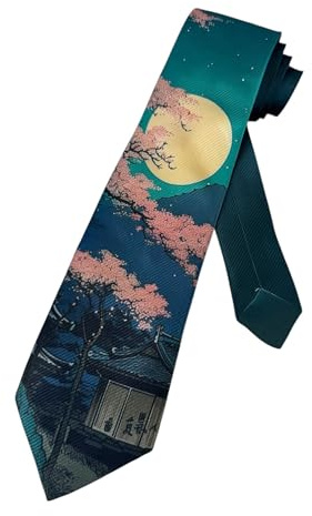 Japanese Ukiyo-e Silk Necktie – Cherry Blossoms and Full Moon over Pagoda Design – Traditional Woodblock Print Style Men's Tie – Navy & Pink – Standard Size