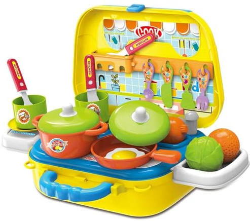 BAKAJI Valigetta Cucina Giocattolo per Bambini con Fornello Pentole Padelle 20 Accessori Gioco e Tracolla per Il Trasporto