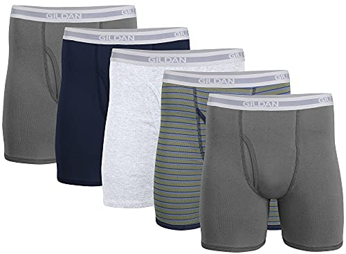 Gildan herr boxershorts med normal ben, multipack (förpackning med 5), Träkol/marinblå/sportgrå/militärrandig/kol (5-pack, klassisk längd), XXL