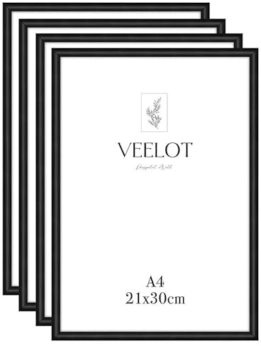 Veelot® 4x Bilderrahmen DIN A4 21x29,7cm | Metall Aluminium,Schwarz mat,Zertifikatsrahmen 21x30cm mit bruchsicherem Acrylglas | Hoch- & Querformat zur Wandmontage,schmales Profil