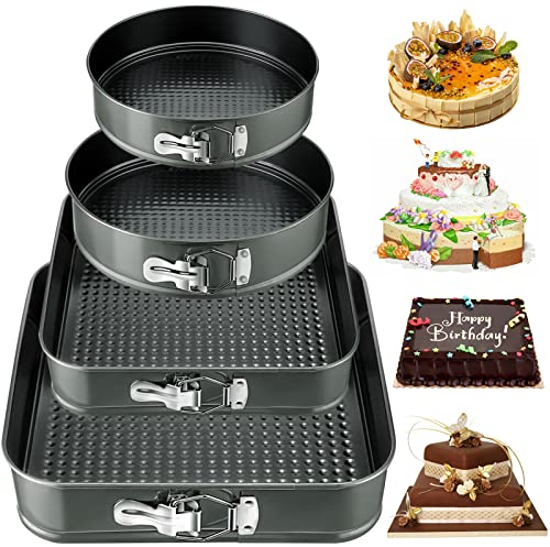 NCKIHRKK 4 Pezzi Tortiera 16/20cm Rotonda e 22/26cm Quadrata, Rivestimento Antiaderente Teglie da Forno, Acciaio al Carbonio Teglia Torta con Fondo Rimovibile, Grigio