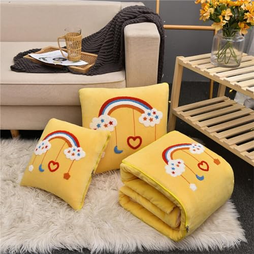 Hixingo Reisedecke und Kissen 2 in 1, Reisedecke mit Kissen Set Multifunktionale Reise Decke und Kissen 2 in 1 Weichem Flugzeug Verwandlungskissen für Urlaub, Camping (40 * 40cm,Regenbogen-Gelb)
