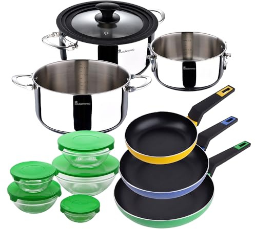 Set de batería de cocina en acero inoxidable + 3 sartenes Ø18Ø22Ø26cm en aluminio prensado + 5 boles de cristal con tapas San Ignacio