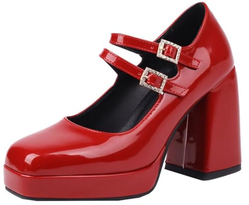 HSyc JRX Lack Mary Jane blockklack pumps med platå och spänne höga klackar damskor, röd, 39.5 EU