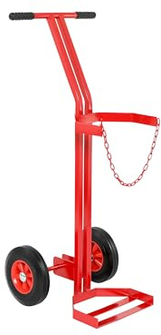 Gas Cylinder Trolley, Red Steel Single Gas Bottle Hand Truck with Solid Wheels, Support Chain Links & Ergonomic Handle for Industrial, Commercial, and Lab Environments