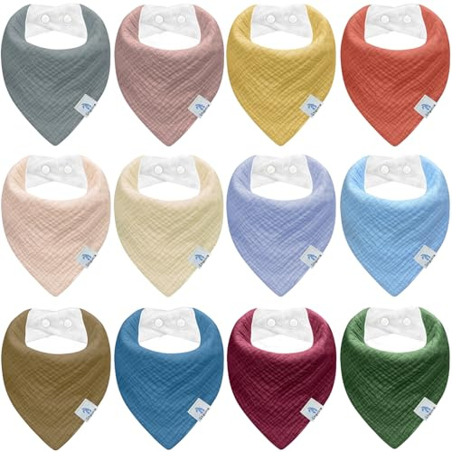 Ghguole 12 Stück Lätzchen Baby Dreieckstuch Baby,Musselin Halstuch für Junge und Mädchen,HalstücherBaby Bio-Baumwoll,Sabberlätzchen Super Saugfähige,Verstellb