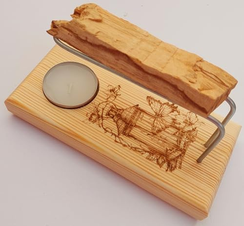 YA-DECOREGALOS Soporte Quemador de Palo Santo e Incienso con Vela, Varillas metalicas y Palo Santo.Soporte de Madera con Diseño Grabado, Hecho a Mano diseño Farolillo. Armoniza Tus espacioa