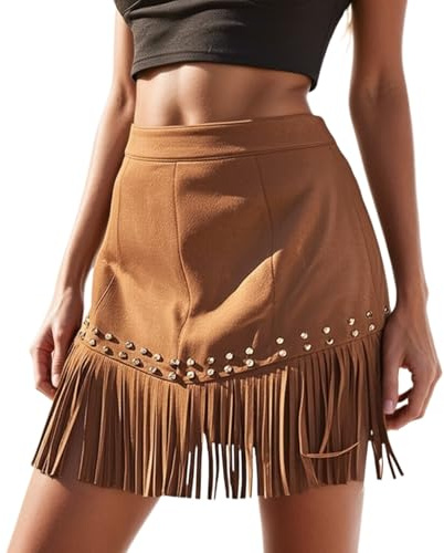 Jupe ourlet à franges taille haute pour femme - Cloutée à rivets jupes courtes d'été - Fermeture éclair sur le côté - Costume occidentale hippie en daim des années 60 et 70 - Pour Halloween, carnaval