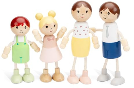 Woet® – Famiglia di Bambole Giocattolo in Legno per Bambini – Set di 4 Personaggi – Accessori per Casa delle Bambole – Gioco di Imitazione – A Partire da 3 Anni – Regalo per Bambini