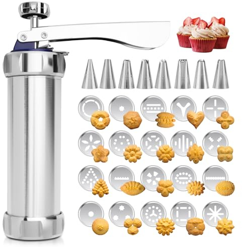 QGGTQG Gebäckpresse für Spritzgebäck Edelstahl Spritzgebäck Presse Teigspritze Kekspresse mit 20 Schablonen, 8 Edelstahl Tüllen, Plätzchenpresse Maschine Gebäckpresse für DIY Kuchen Dessert