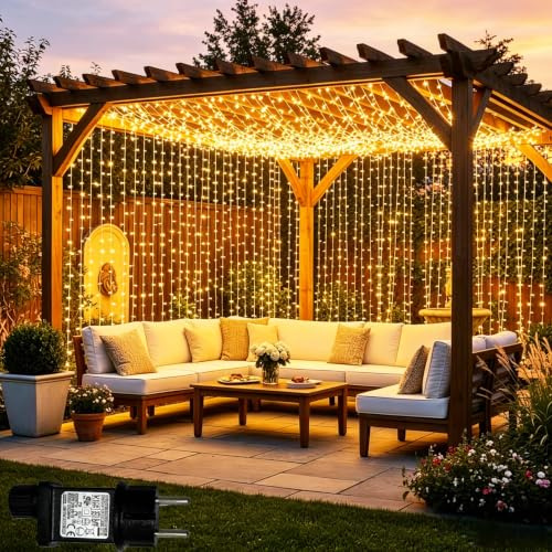 Lichtfam Tenda Luminosa Esterno, 6x3m 600 LED Cascata Luci con Spina, 8 Modalità Luci a Tenda per Esterno, Impermeabile Decorazioni Luminose per Giardino Balcone Vetrina Matrimonio
